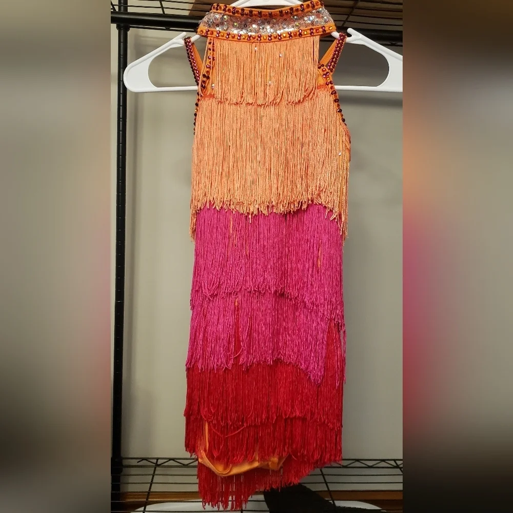 Weissman Fringe Dance Costume for Kids - Orange, Pink, and Red Size LC
